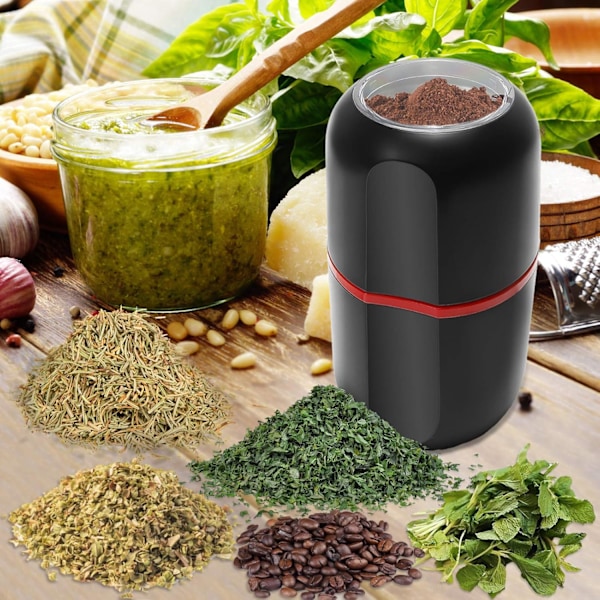 Elektrisk kaffekværn, kompakt bønnekværn/blender til krydderier, mad, nødder, urter - Sort, 85-120 gram kapacitet - Inkluderer rengøringsbørste