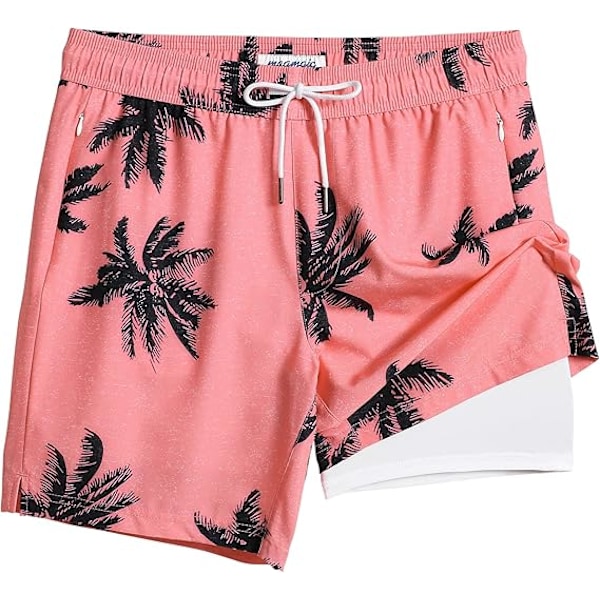 2-i-1 Badbyxor för Män 7 Tum Badbyxor Badkläder Set Strandshorts - Storlek L - Palmrosa