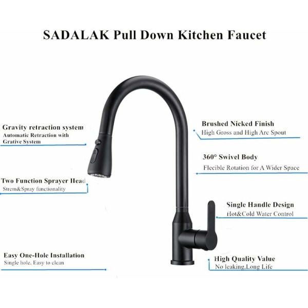 Musta keittiöhana vedettävällä suihkulla, yksivivun monobloc-keittiöhana, keittiön allashana vedettävällä kääntyvällä suuttimella, keittiön Fa