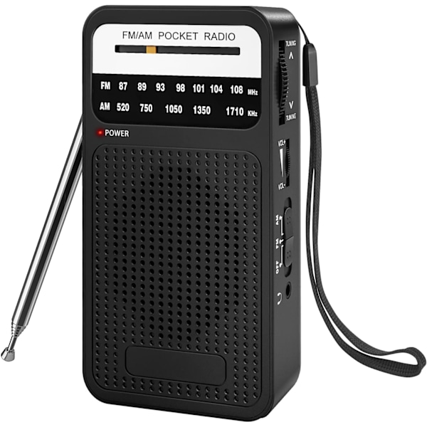 Bärbar Radio AM FM Fjärrmottagning med Högtalare, Hörlursuttag, 2AA Batteridriven, Lämplig för Inomhus-, Utomhus- och Nödsituationer, Svart