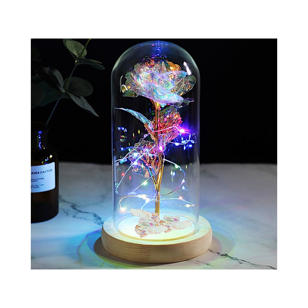 Luksuriøs evig rose i glas med LED lys Multicolor