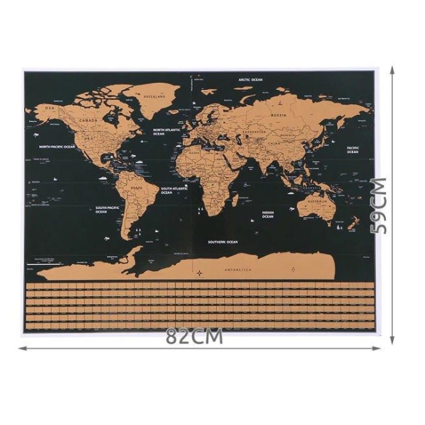 Skrapkarta Världskarta 82x59cm - med 57 tillbehör Guld