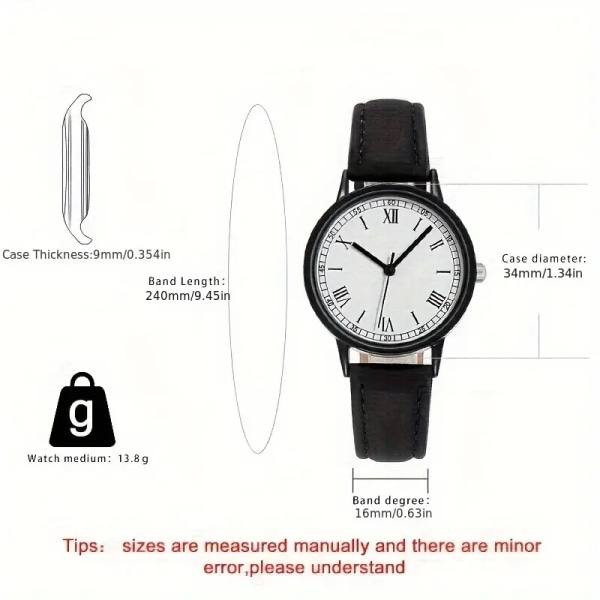 Unisex ur / armbåndsur med læderrem Black