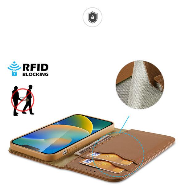 Dux Ducis iPhone 14 Plus Plånboksfodral i äkta läder med RFID sk Brun