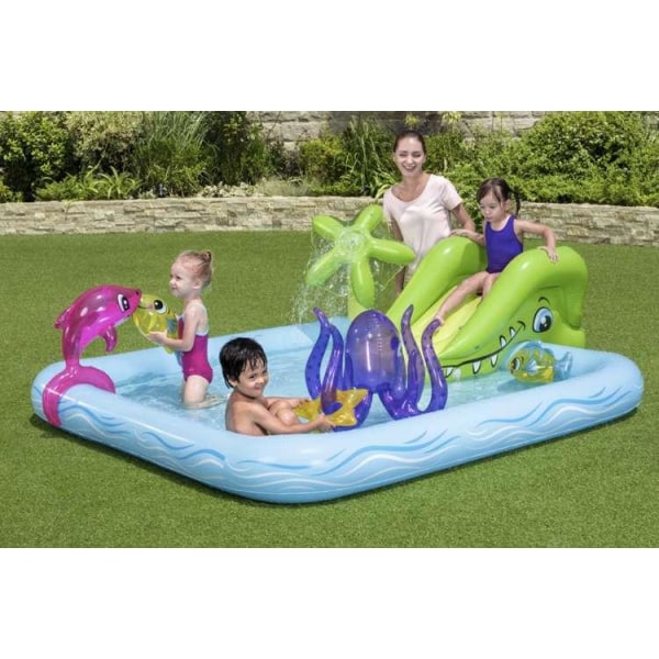 Oppustelig pool med rutsjebane, dyr, vandspray, 239x206x86cm Multicolor