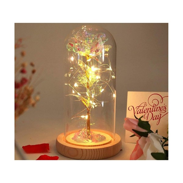 Luksuriøs evig rose i glas med LED lys Multicolor