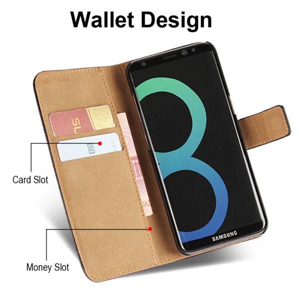 Plånboksfodral Samsung S8 Plus, äkta skinn Svart