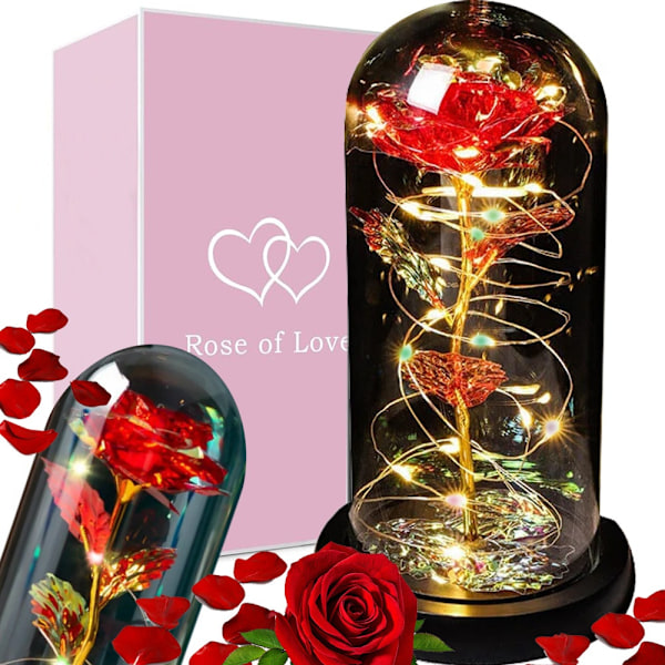Luksuriøs evig rose i glas med LED lys Red