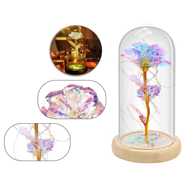 Luksuriøs evig rose i glas med LED lys Multicolor