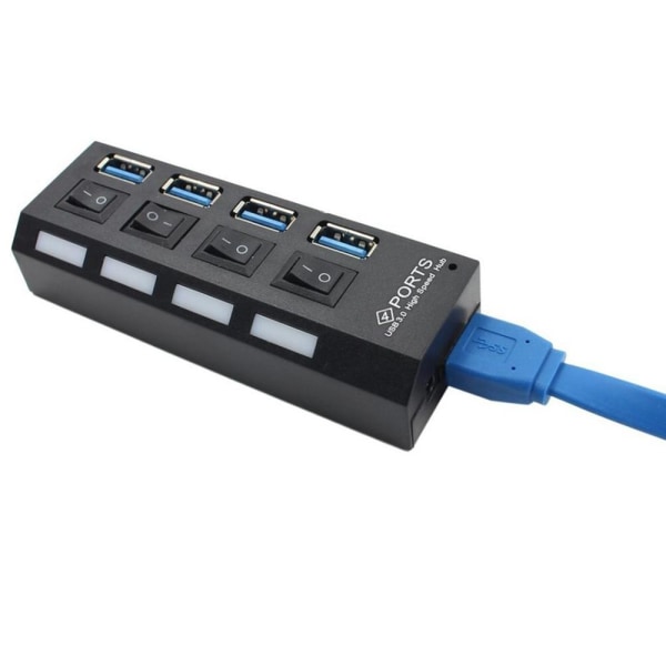 4-ports USB Hub med separata strömbrytare Svart