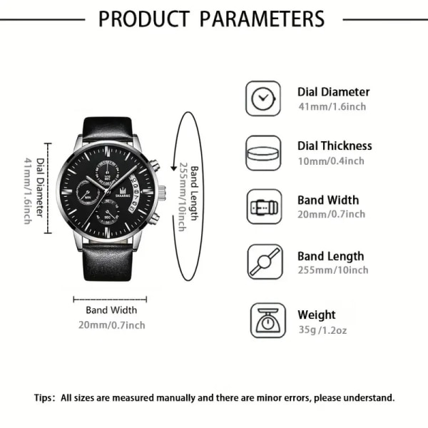 Kvartsklokke med dato / Armbåndsur med lærreim Black