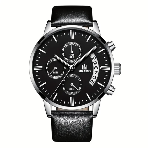 Kvartsklokke med dato / Armbåndsur med lærreim Black