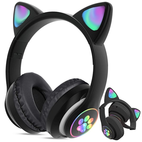 Bluetooth Stereo Hörlurar Katt med mikrofon / LED ljus Svart