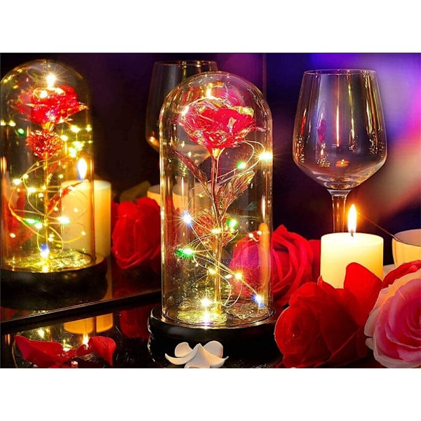 Luksuriøs evig rose i glas med LED lys Red
