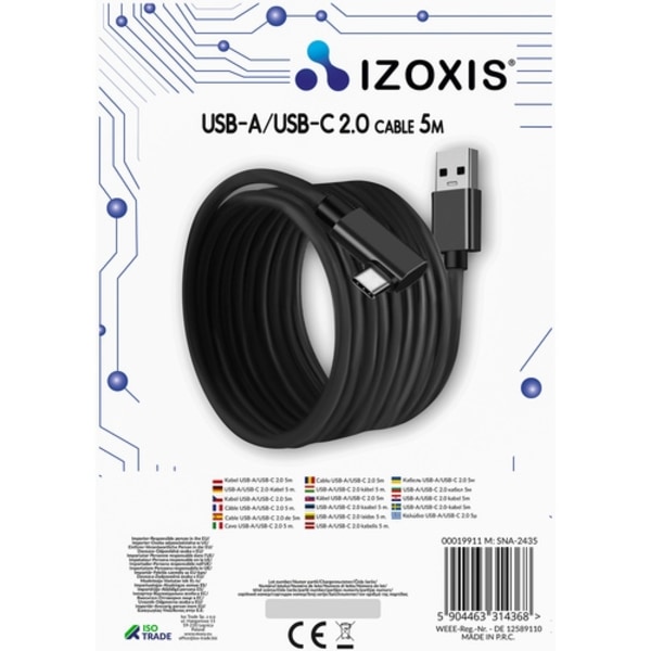 Izoxis USB-A 2.0 till USB-C Kabel – Extra Lång & Supersmidig 5m Svart