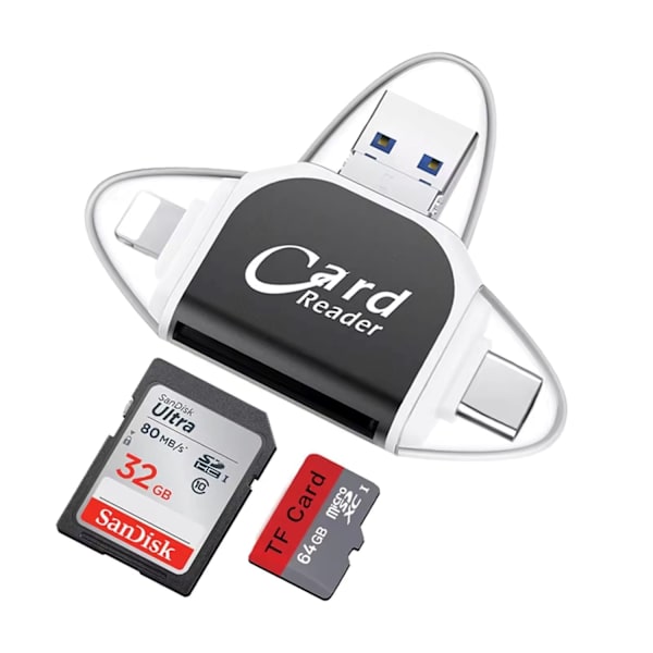 Multiport 4-i-1 kortleser, USB C SD TF minnekortleser Black