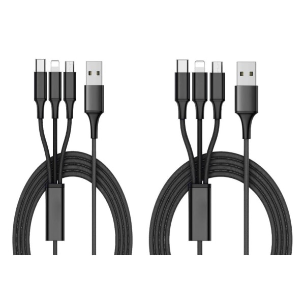 2-Pack Laddare - Laddkabel Multi 3i1, USB-C, Micro-USB, iPhone - 1,2 m Svart