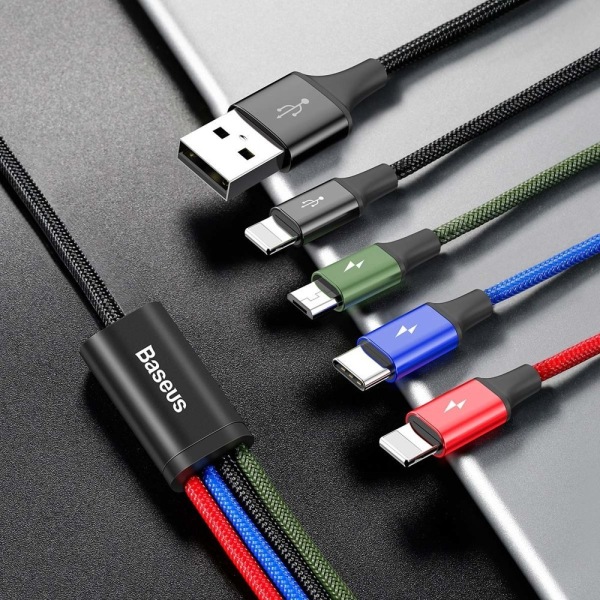 Baseus Ladekabel 4-i-1, 2x iPhone, USB-C, Micro-USB Black