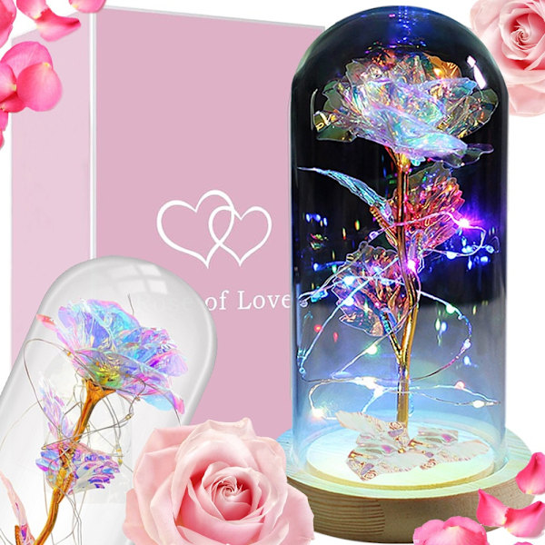 Luksuriøs evig rose i glas med LED lys Multicolor