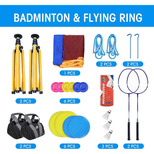 Komplett set för badminton och frisbee (inkl monteringsvikter fö multifärg
