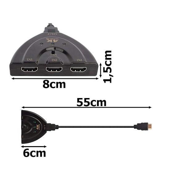 HDMI Switch 3+1 - 4K - med 50cm kabel Svart