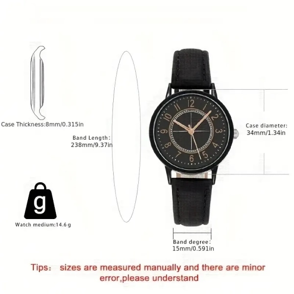 Damklocka / Armbandsur med Läderarmband Svart