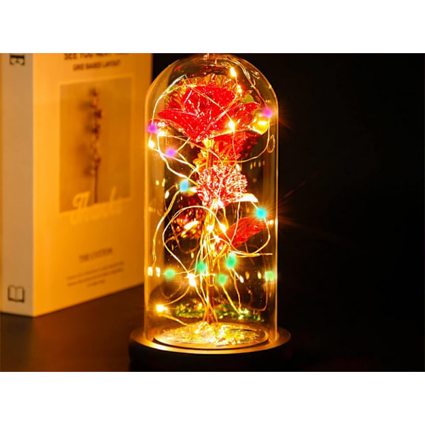 Luksuriøs evig rose i glas med LED lys Red