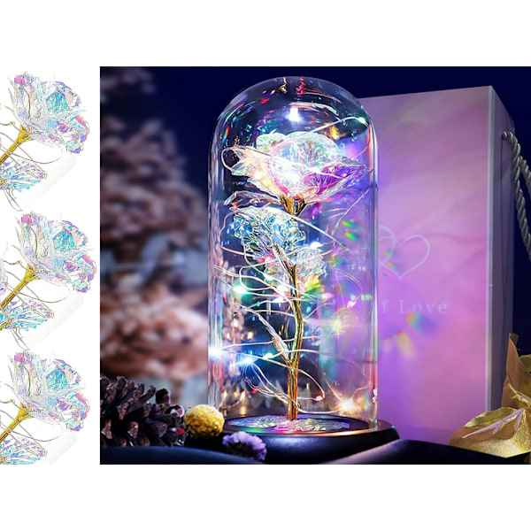 Luksuriøs evig rose i glas med LED lys Multicolor