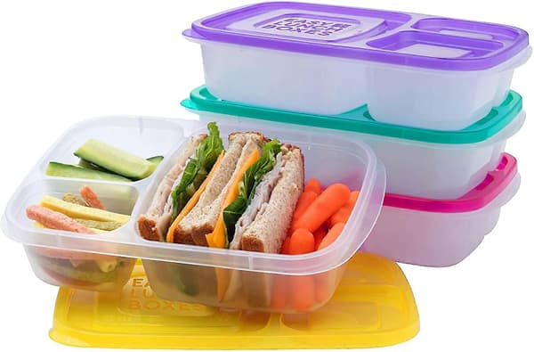 Reusable 3 Compartment Food Container Lunch Box Suitable for School, Work and Travel, 4-Pack (Red)