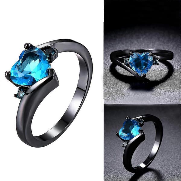 Kærlighed Akvamarin Zirkon Sort Metal Hjerteformet Ring Bryllup Forlovelsessmykke