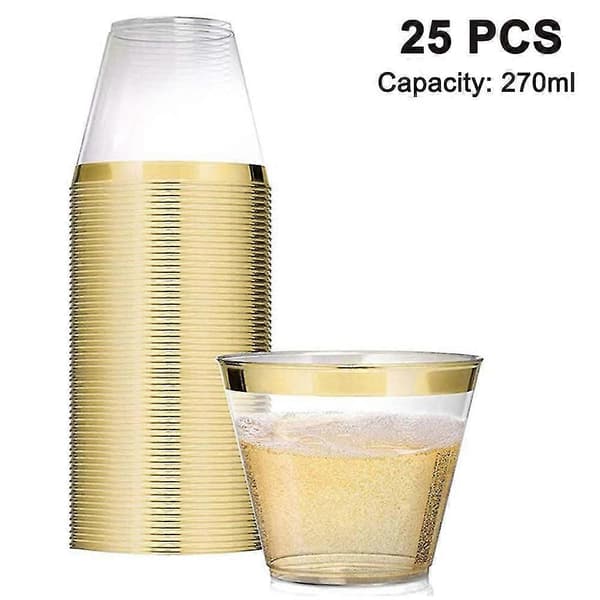 25-pakning - 9 oz plastcocktailglass, solid plastkopp med kant, gullkant