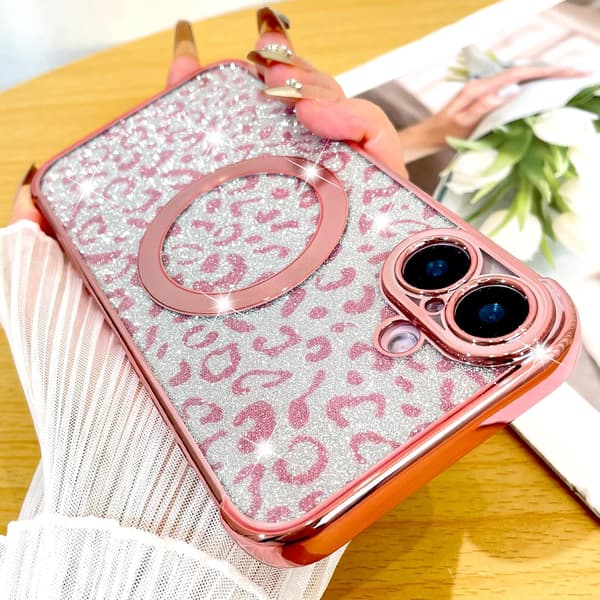 Designed for iPhone 16 Case, Compatible with MagSafe Plating Camera Protection Leopard Print Transparent Phone Case, Magnetic G