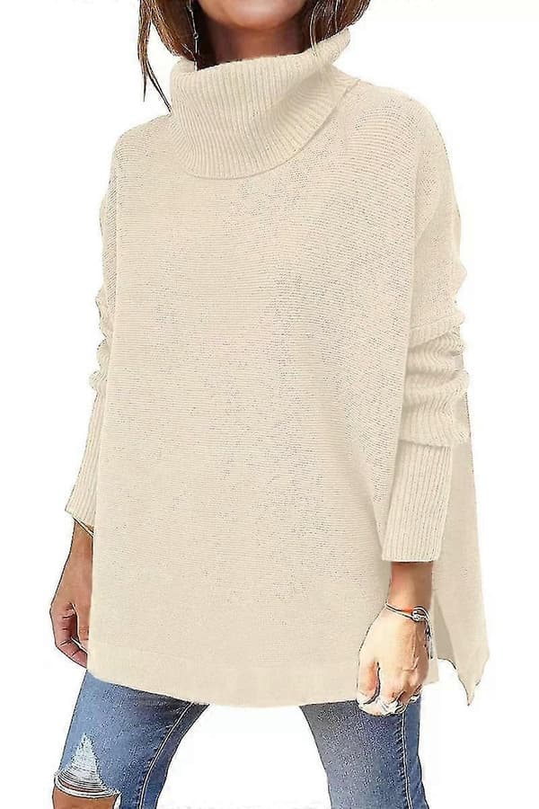 Bxhd Dame Turtleneck Oversized Batwing Ærme Delt Kant Strikket Tunika Pullover Sweater