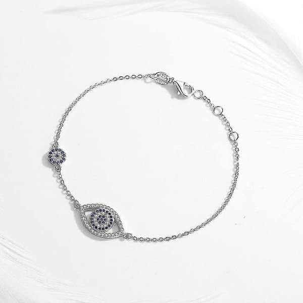 Blue Evil Eye Link Bracelet Sterling Silver 925 Cubic Zirconia Chain Adjustable