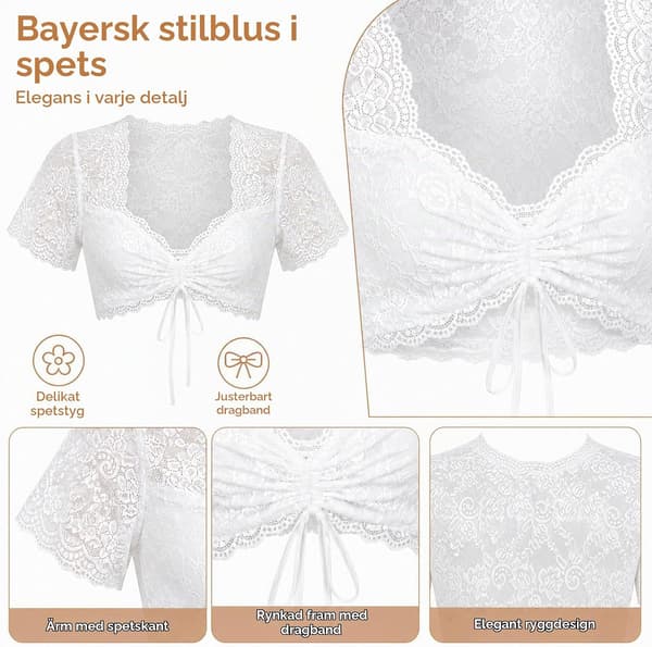 Dirndlblus dam Dirndlblus kortärmad traditionell blus Vit S Kort