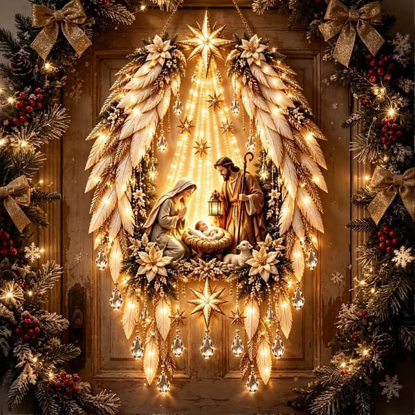 Belyst julkrubba väggdekoration – 3D guld Betlehem LED – för vägg och dörr C