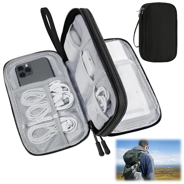 Electronic Accessory Storage Bag, Waterproof Travel Case, Can Store Cables, Chargers, and Small Tools, Double-Layer Design for Easy Storage.