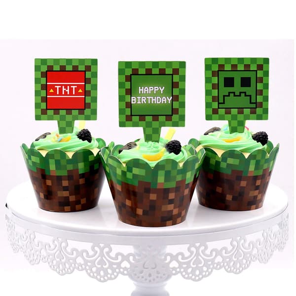 Minecraft-tema Cupcake-innpakninger Bursdagsfest Sett med 24 Vendbare