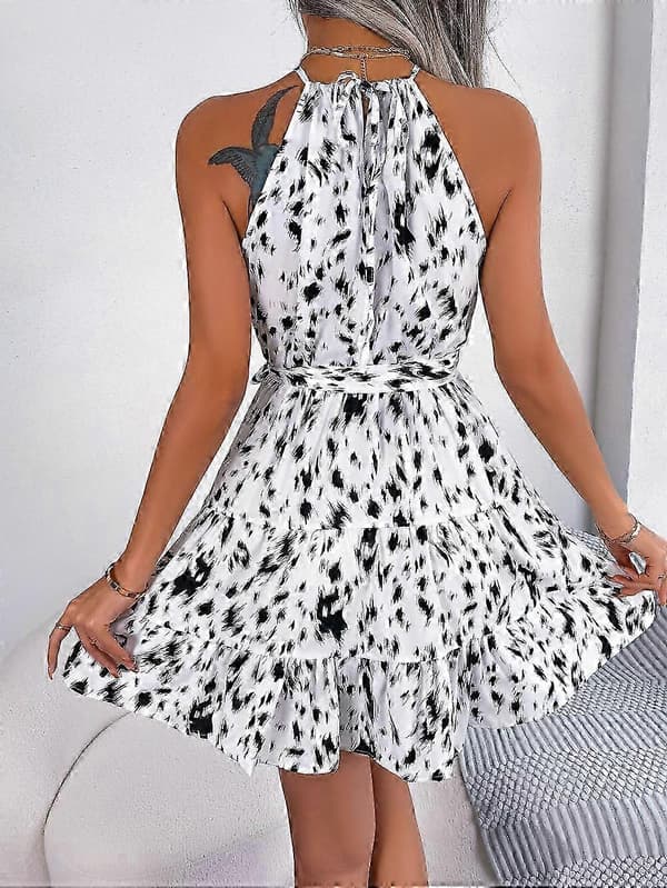 Casual Leopardmönstrad Volang Stor Swing Hals Klänning Damkläder WHITE L