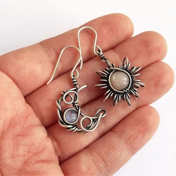 Silver Sun and Moon Hook Earrings Bohemia Celestial Moonstone Earrings