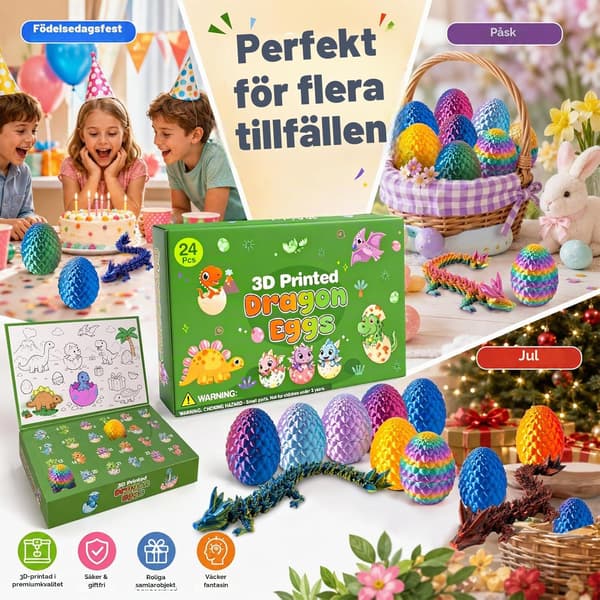 Sæt med 24 3D-printede drageæg med drage, julekalender