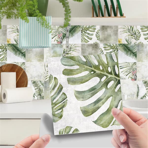 Tile Decor for Kitchen Bathroom, 3D Green Leaf Lemon Pattern Tile Decals 24PCS Self-Adhesive Tile Stickers Tile Decoration (Green Leaf, 15x15cm)