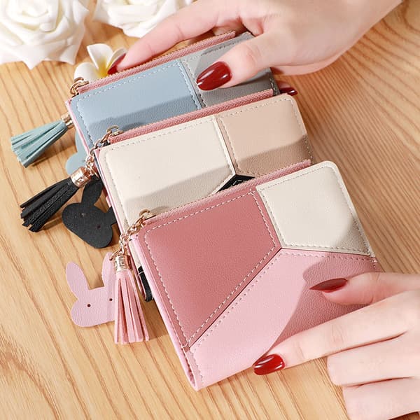 RFID Blocking Leather Wallet for Women, Small Compact Zipper Wallet with ID Window (Pink)