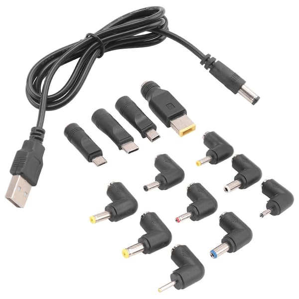 USB til DC strømkabel Universal USB til DC Jack ladekabel strømledning med 13 utskiftbare pluggkontakter adapter Black