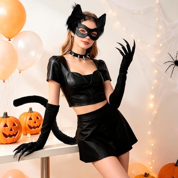 Catwoman kostume, damer, kat, sort, voksne, 5 dele