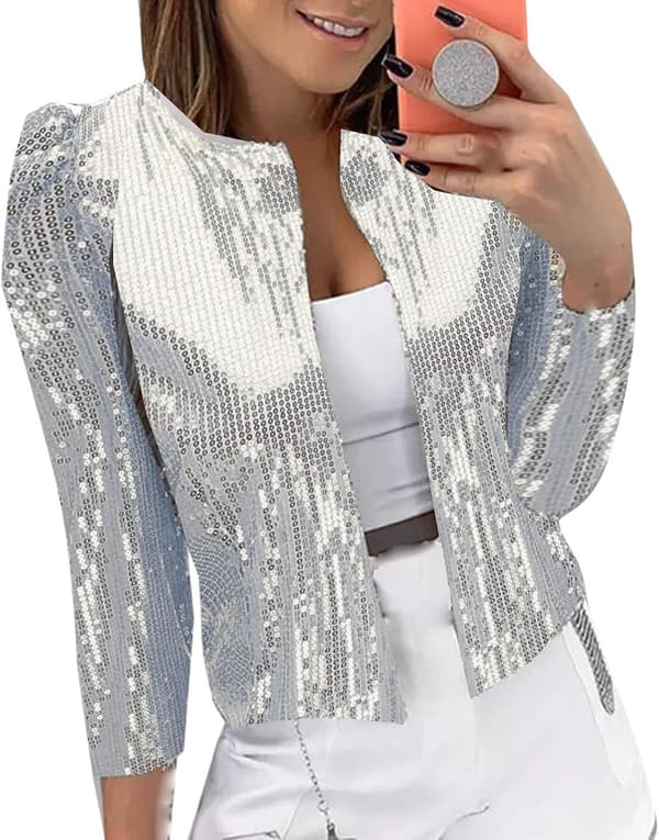 Generisk damkofta i avslappnad modestil med glittrande paljetter silver XL
