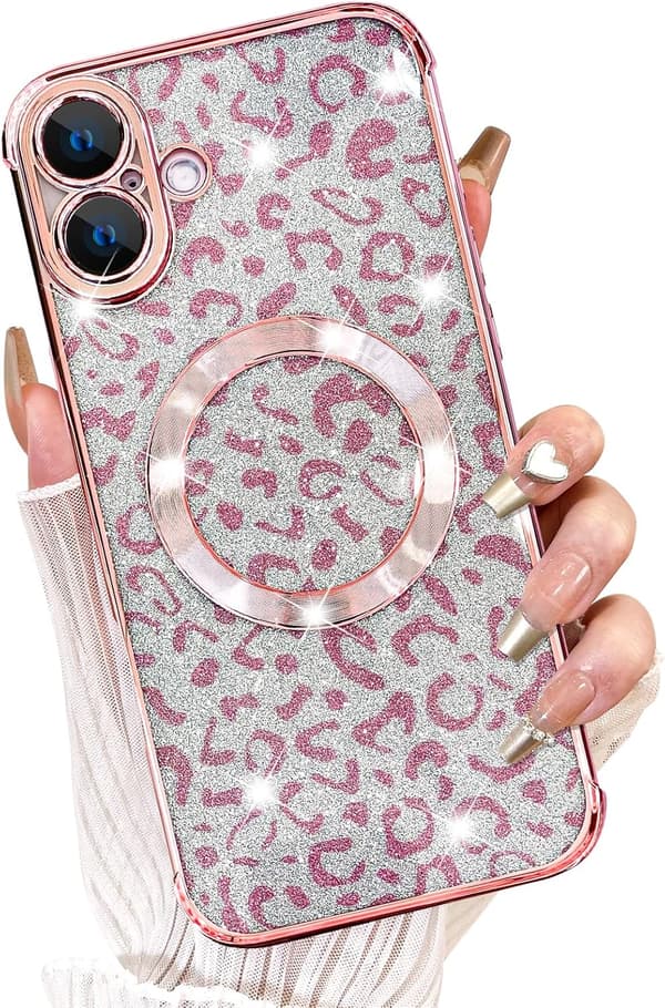 Designed for iPhone 16 Case, Compatible with MagSafe Plating Camera Protection Leopard Print Transparent Phone Case, Magnetic G