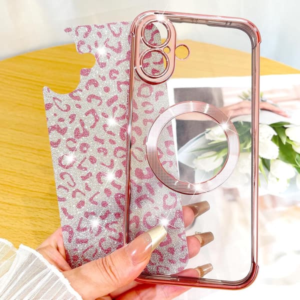 Designed for iPhone 16 Case, Compatible with MagSafe Plating Camera Protection Leopard Print Transparent Phone Case, Magnetic G