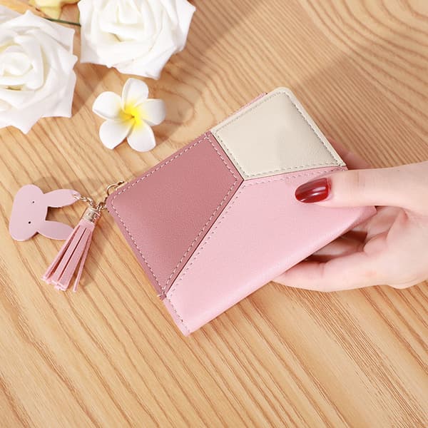 RFID Blocking Leather Wallet for Women, Small Compact Zipper Wallet with ID Window (Pink)