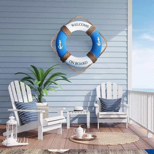 Nautical Lifebuoy Wall Decor - Beach Theme Home Decor (Blue & White 30cm)